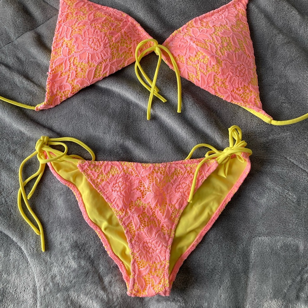 yellow and pink Victoria Secret bikini set